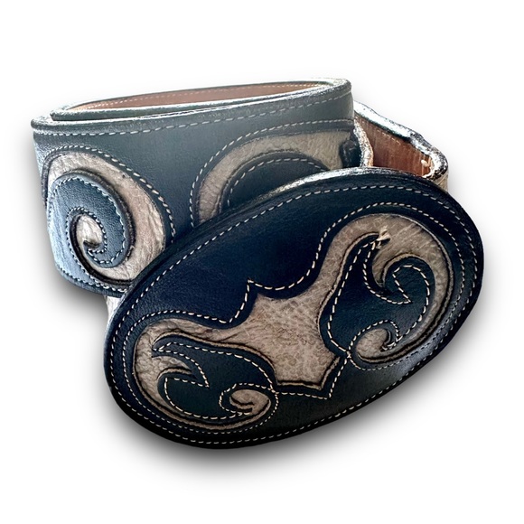 Tony Lama Accessories - Tony Lama teal blue leather tooled belt